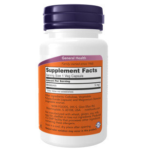 Product composition NOW Foods Melatonin 5mg 60 caps. Vege