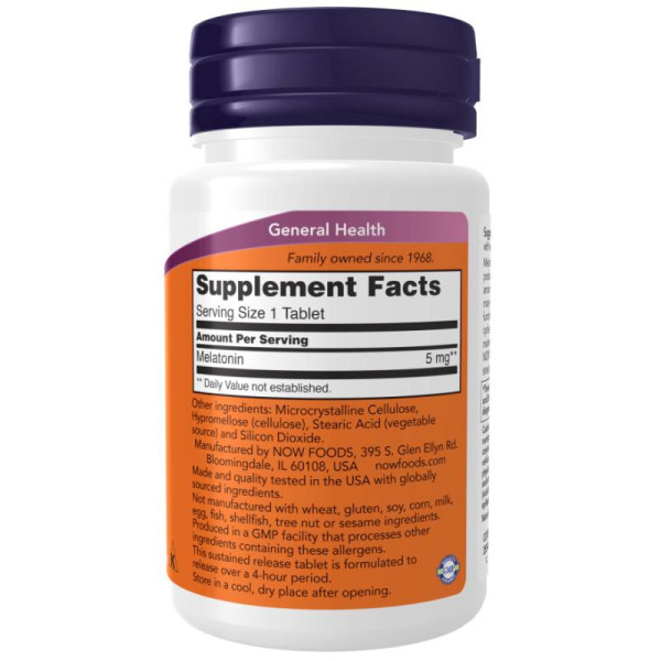 Product composition NOW Foods Melatonin 5mg Sustained Release 120 tabs.