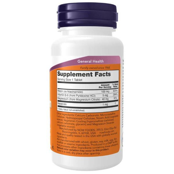 Product composition NOW Foods Melatonin 1mg 100 tabs.