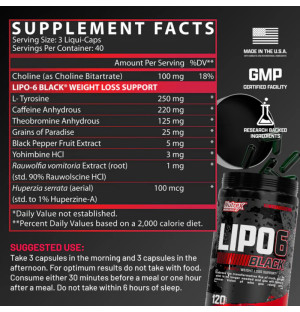 Product composition Nutrex LIPO6 BLACK Weight Loss Support 60 caps.