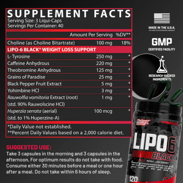 Product composition Nutrex LIPO6 BLACK Weight Loss Support 60 caps.