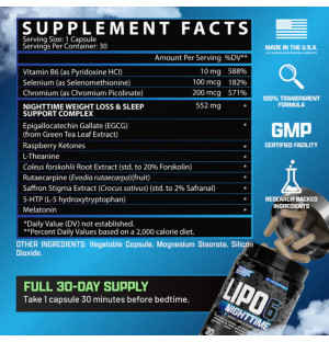 Ingredients Nutrex Lipo 6 Nighttime - vitamins B6, selenium, chromium, plant extracts, raspberry ketones, melatonin