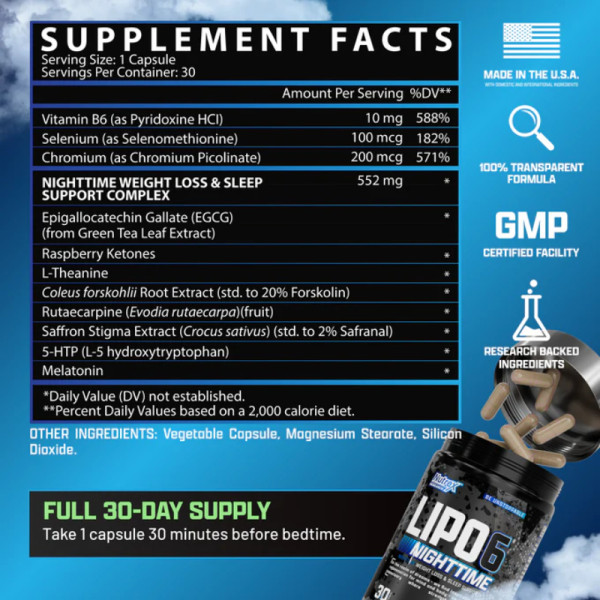 Ingredients Nutrex Lipo 6 Nighttime - vitamins B6, selenium, chromium, plant extracts, raspberry ketones, melatonin