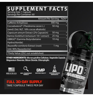 Nutrex Lipo-6 Hardcore - Fettverbrenner, 60 Kapseln, Zusammensetzung: Koffein, Kakaoextrakt, Capsaicin, Canna, GBBGO, Ruwolscine