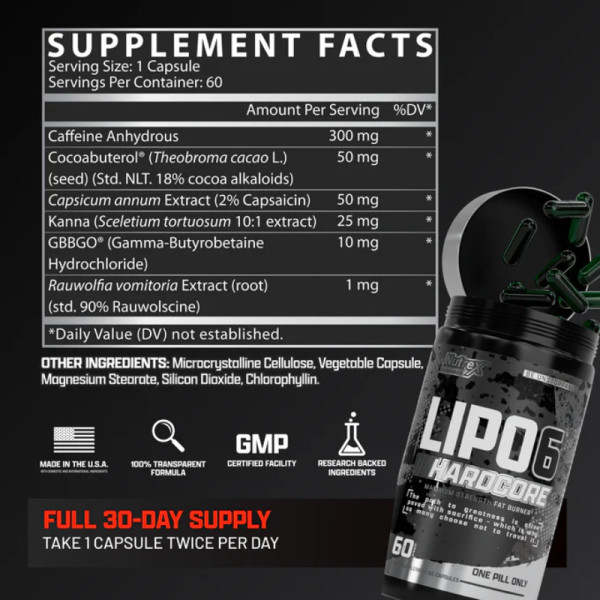 Nutrex Lipo-6 Hardcore - Fettverbrenner, 60 Kapseln, Zusammensetzung: Koffein, Kakaoextrakt, Capsaicin, Canna, GBBGO, Ruwolscine