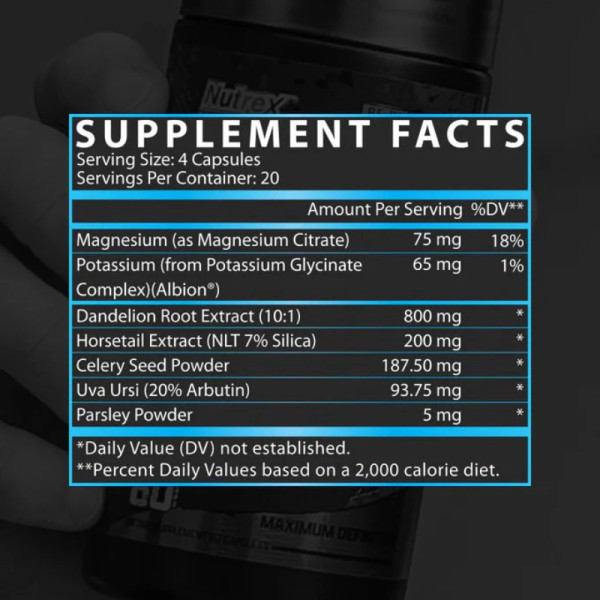 Nutrex Lipo 6 Diuretikum - Zusammensetzung: Magnesium, Kalium, Löwenzahn-Extrakt, Schachtelhalm, Sellerie, Uva ursi, Petersilie