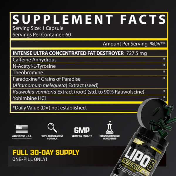 Product composition Nutrex LIPO6 Intense UC (USA Version) 60 caps.