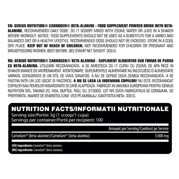 Zusammensetzung Genius Nutrition Beta-Alanine CarnoGEN 300g