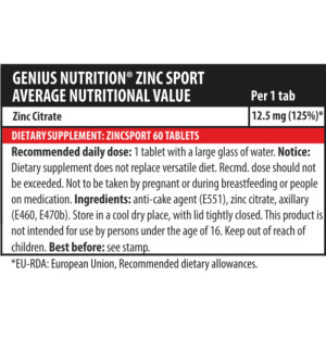 Product composition Genius Nutrition Zinc Sport 60 tabs.