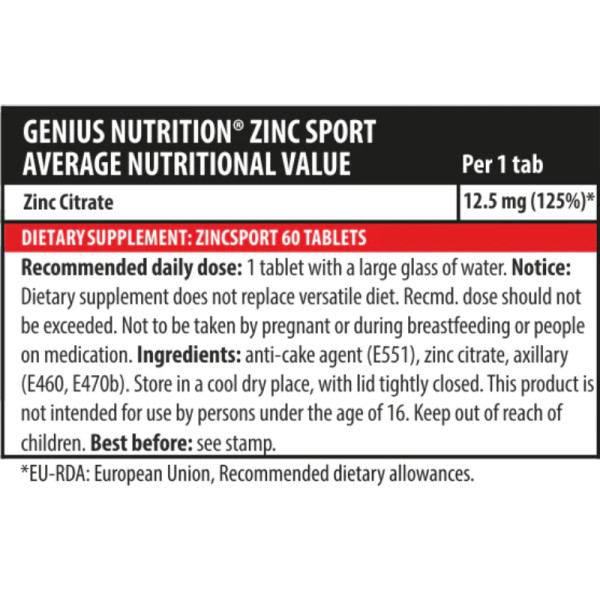 Product composition Genius Nutrition Zinc Sport 60 tabs.