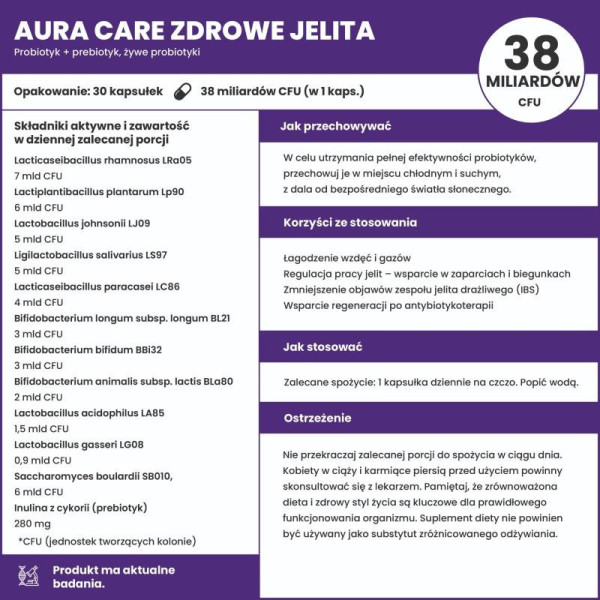 Product composition Aura Care Probiotic + Prebiotic Healthy Guts 30 caps.