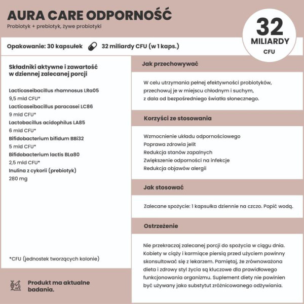 Product composition Aura Care Probiotic + Prebiotic Immunity 30 caps.