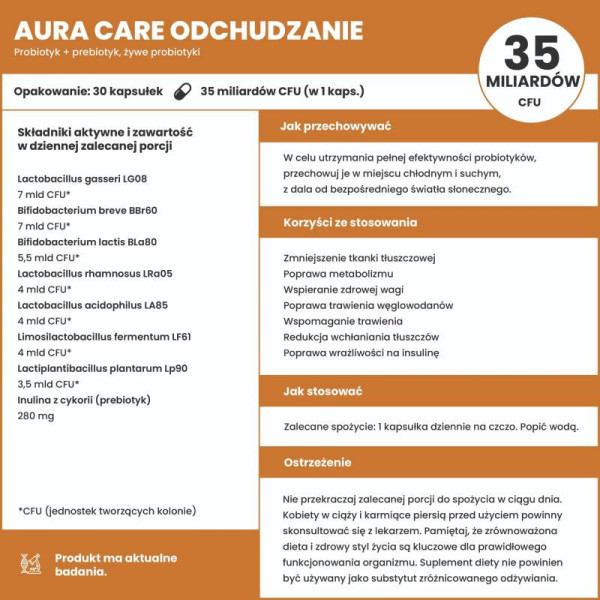 Skład produktu Aura Care Probiotyk + Prebiotyk Odchudzanie 30 kaps.