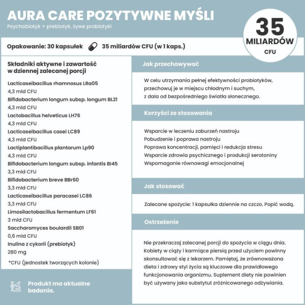 Zusammensetzung Aura Care Psychobiotic + Prebiotic Positive Gedanken 30 kaps.