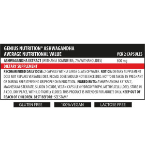 Product composition Genius Nutrition Ashwagandha 90 caps.