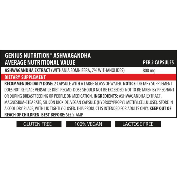 Product composition Genius Nutrition Ashwagandha 90 caps.