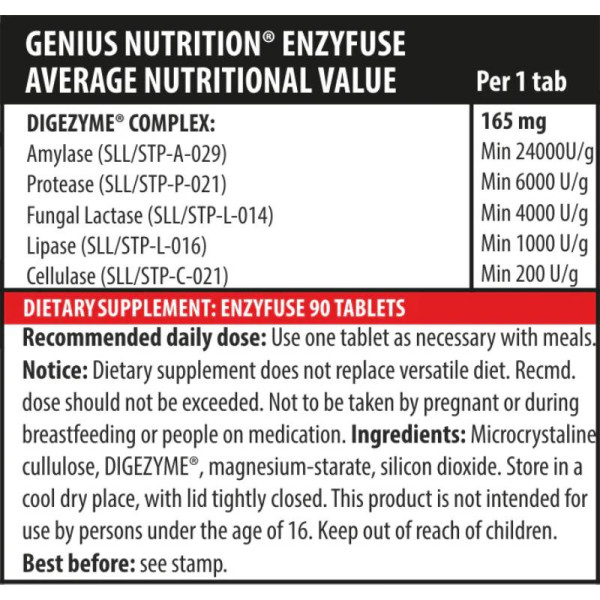 Product composition Genius Nutrition Enzyfuse 90 tabs.