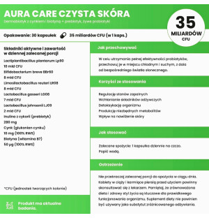 Product composition Aura Care Dermabiotic with Zinc and Biotin + Prebiotic Clean Skin 30 caps.