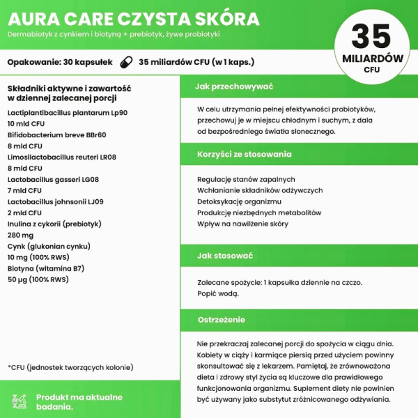 Skład produktu Aura Care Dermabiotyk z Cynkiem i Biotyną + Prebiotyk Czysta Skóra 30 kaps.