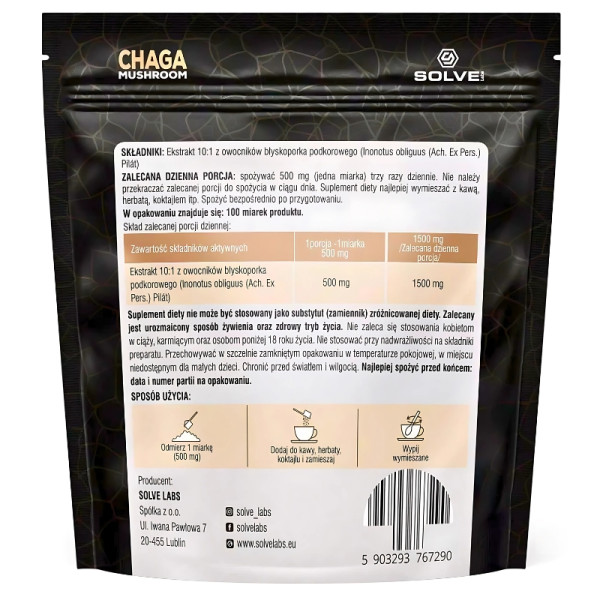 Skład produktu Solve Labs Chaga 10:1 Powder Błyskoporek Podkorowy 30g