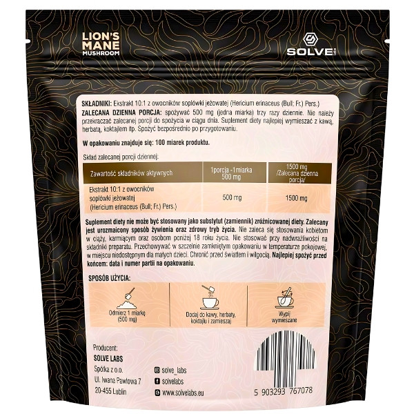 Product composition Solve Labs Lions Mane 10:1 Powder 50g