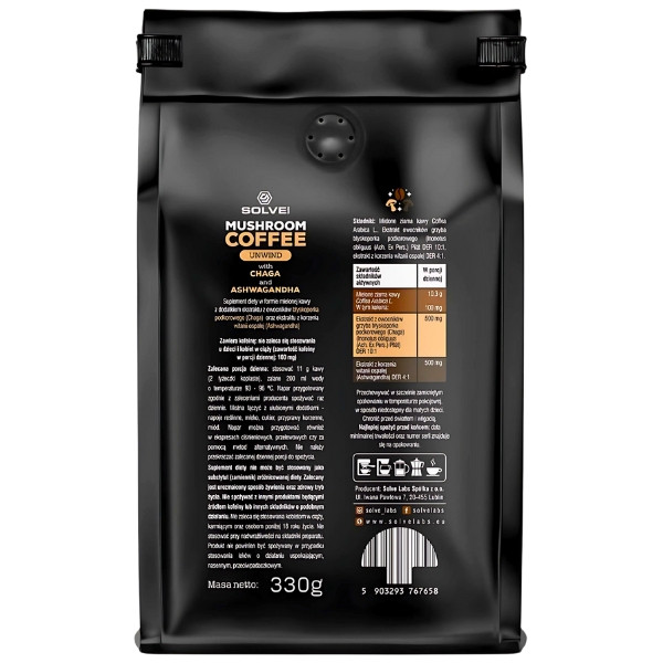 Product composition Solve Labs Mushroom Coffee Chaga + Ashwagandha 330g