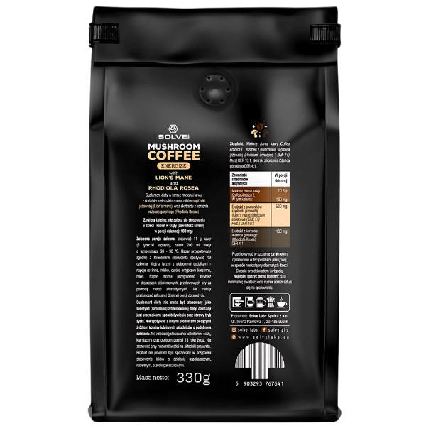 Product composition Solve Labs Mushroom Coffee Lion's mane + Rhodiola 330g