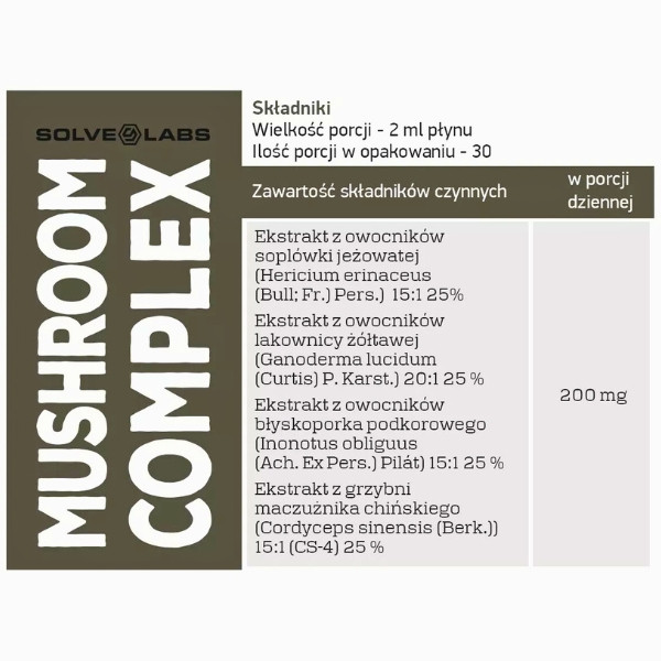 Skład produktu Solve Labs Mushroom Complex 4 Grzyby w Kroplach 60ml