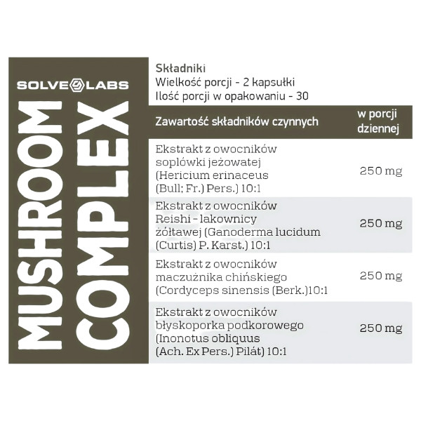 Skład produktu Solve Labs Mushroom Complex 4 grzyby 60 kaps.