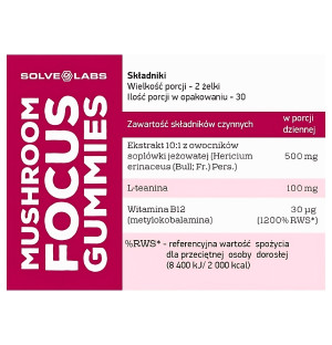 Skład produktu Solve Labs Mushroom Focus Gummies Soplówka Jeżowata 240g