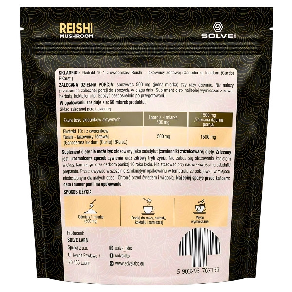 Product composition Solve Labs Reishi 10:1 Ganoderma Lucidum Mushroom Powder 30g