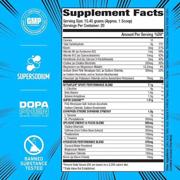 Product composition GAT Sport Nitraflex Sport 300g Blue Razz