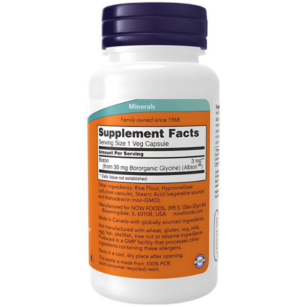 Product composition NOW Foods Boron 3mg 100 caps. Vege