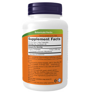 Product composition NOW Foods Cordyceps 750mg 90 caps. Vege