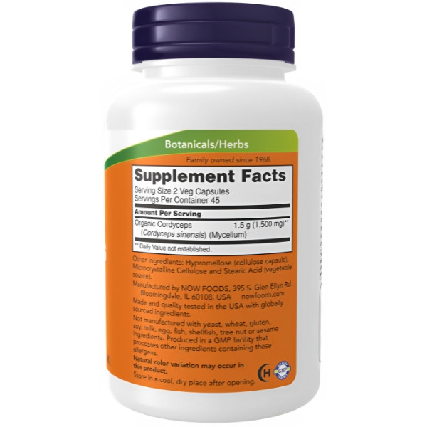 Product composition NOW Foods Cordyceps 750mg 90 caps. Vege