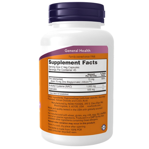 Zusammensetzung NOW Foods NAC Quercetin & Zinc 90 kaps. Vege