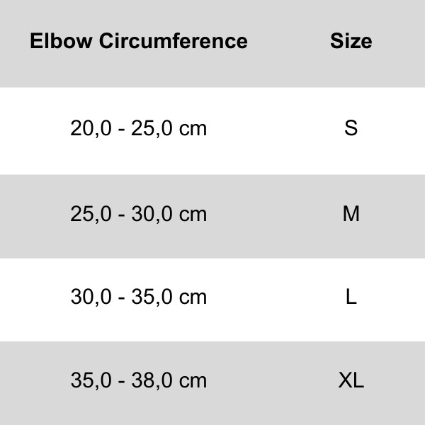 Size chart Genius Elbow Sleeves GG-1