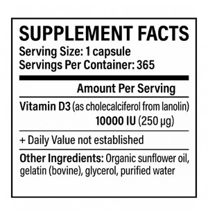Product composition Sport Armour Sunny Touch D3 10,000 IU 365 caps. Softgels