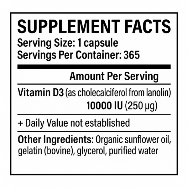 Product composition Sport Armour Sunny Touch D3 10,000 IU 365 caps. Softgels