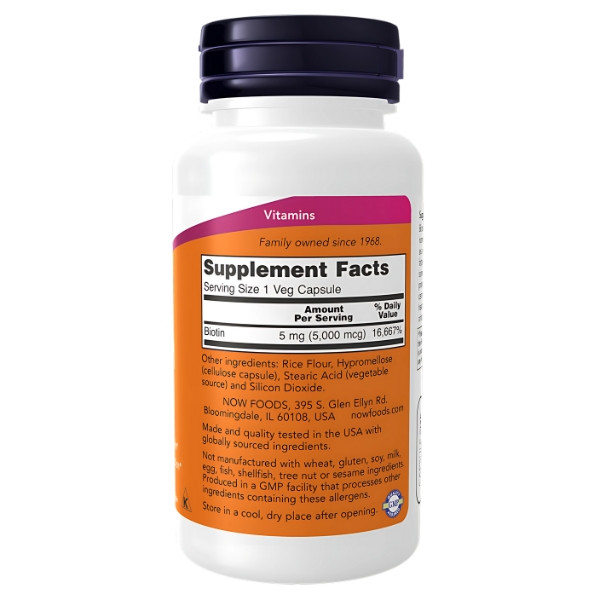 Product composition NOW Foods Biotin 5000mcg 120 caps. Vege