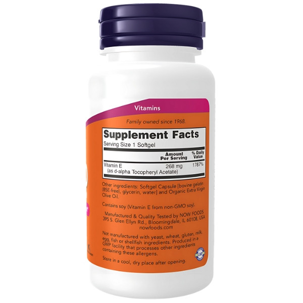Skład produktu NOW Foods Witamina E-400 D-alfa Tokoferyl 250 kaps. Softgels