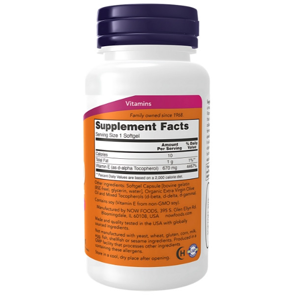 Product composition NOW Foods Vitamin E-1000 Mixed Tocopherols 100 caps. Softgels