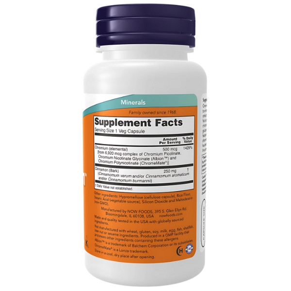 Product composition NOW Foods Tri-Chromium 500mcg with Cinnamon 90 caps. Vege