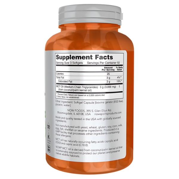 Product composition NOW Foods MCT Oil 1000mg 150 caps. Softgels