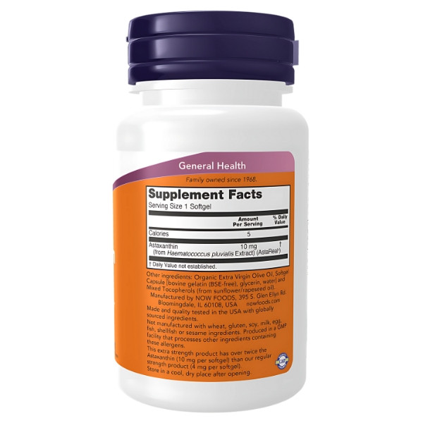 Skład produktu NOW Foods Astaksantyna 10mg Extra Strength 60 kaps. Softgels