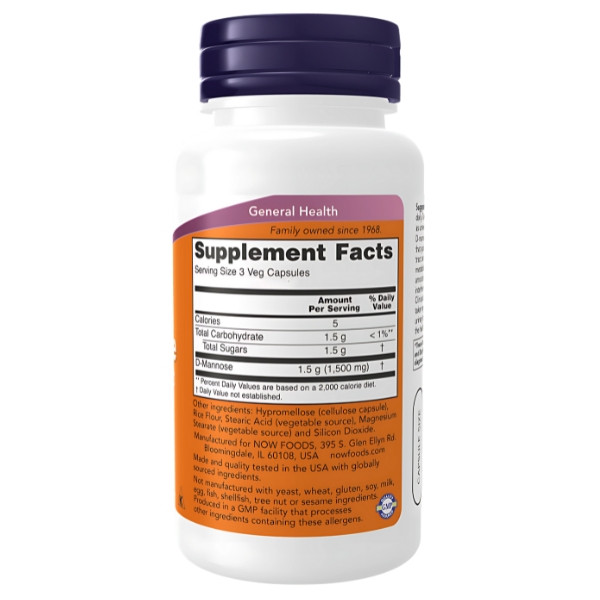 Skład produktu NOW Foods D-mannoza 500mg 120 kaps. Vege