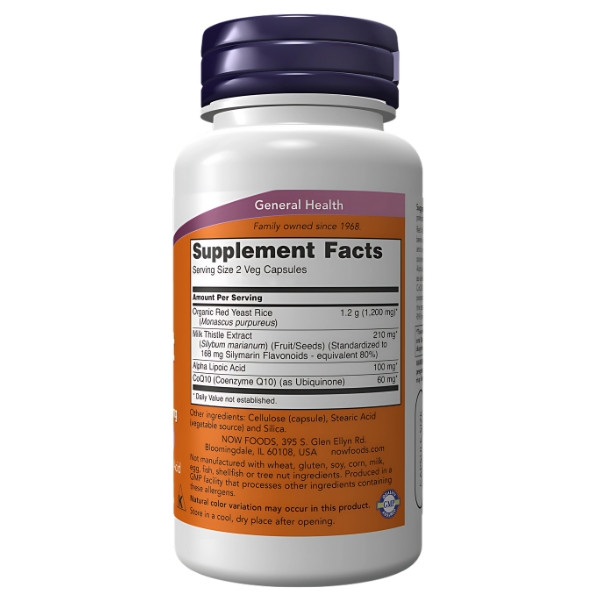 Product composition NOW Foods Red Yeast Rice 600mg CoQ10 30mg 120 caps. Vege