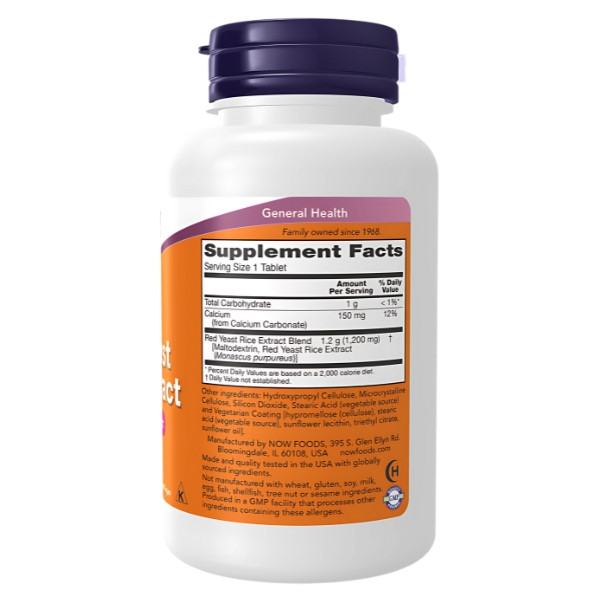 Product composition NOW Foods Red Yeast Rice 1200mg 60 tabs.