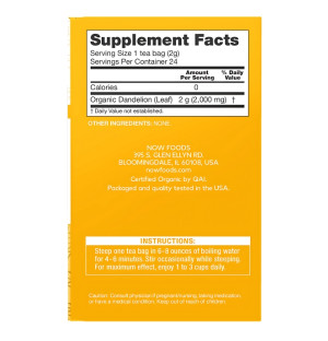 Product composition NOW Foods Organic Dandelion Tea 24 ct. 48g
