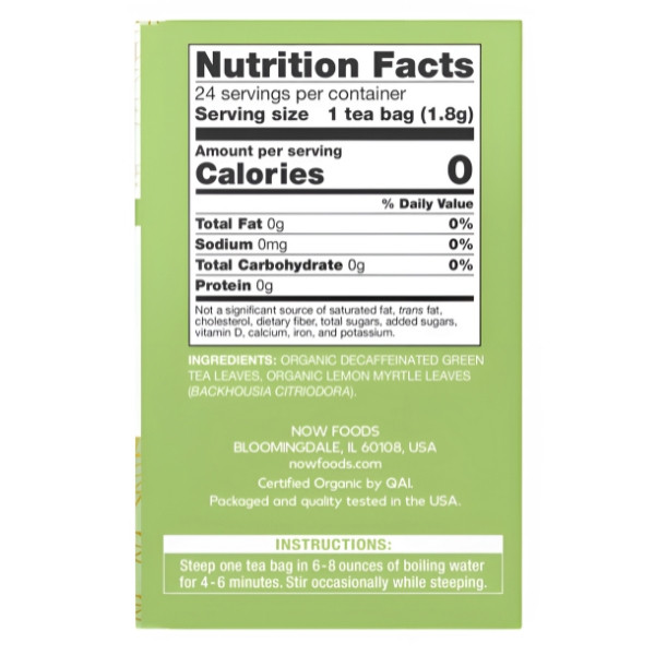 Skład produktu NOW Foods Green Tranquility Organiczna Zielona Herbata 24 tb. 43g